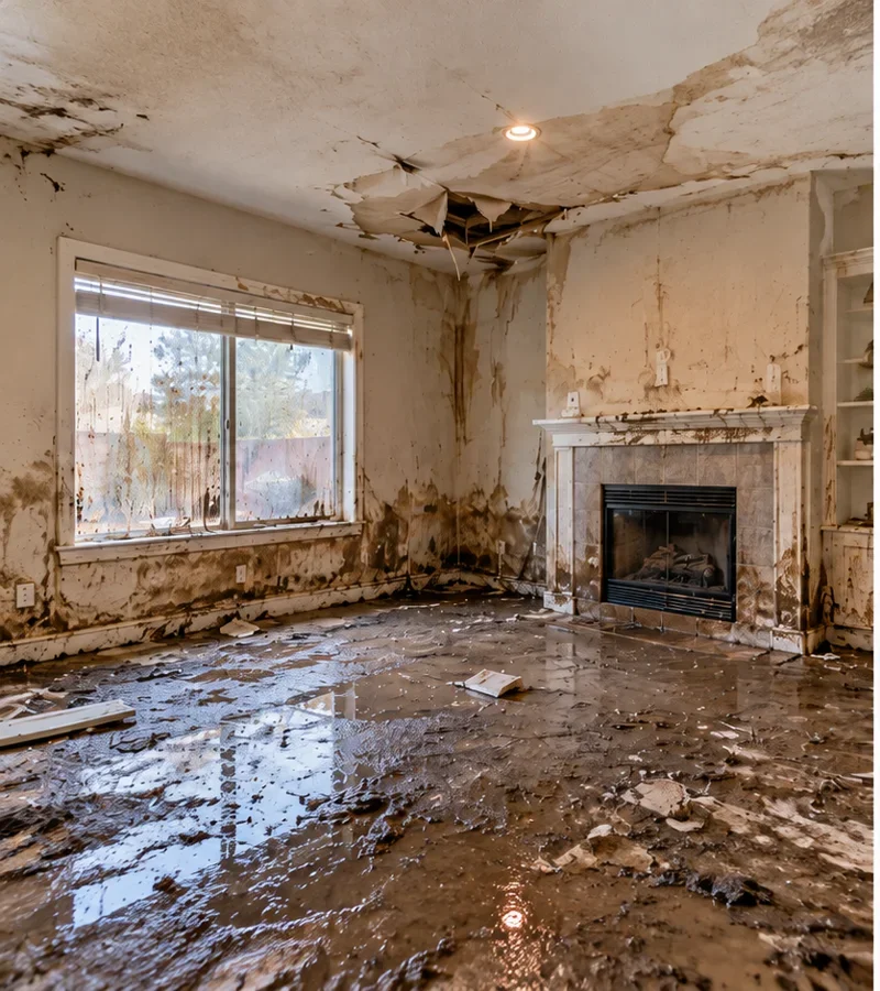 Illustrative interior affected by water damage