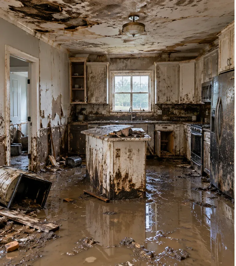 Illustrative interior affected by water damage