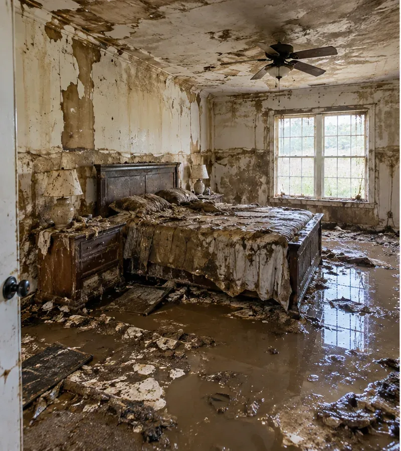 Illustrative interior affected by water damage