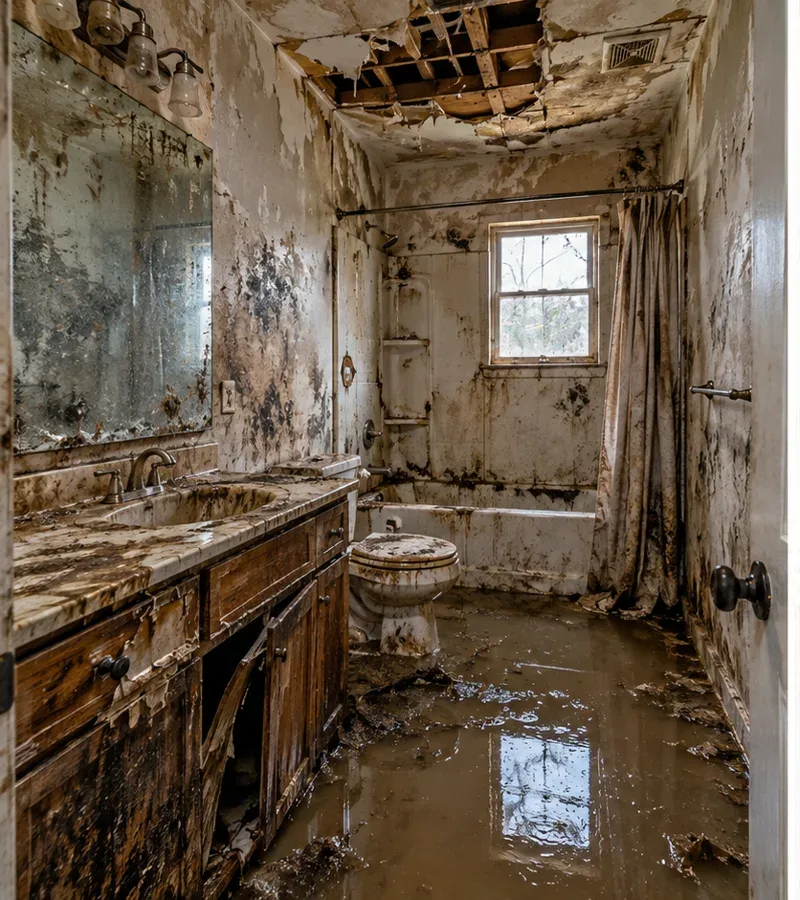 Illustrative interior affected by water damage