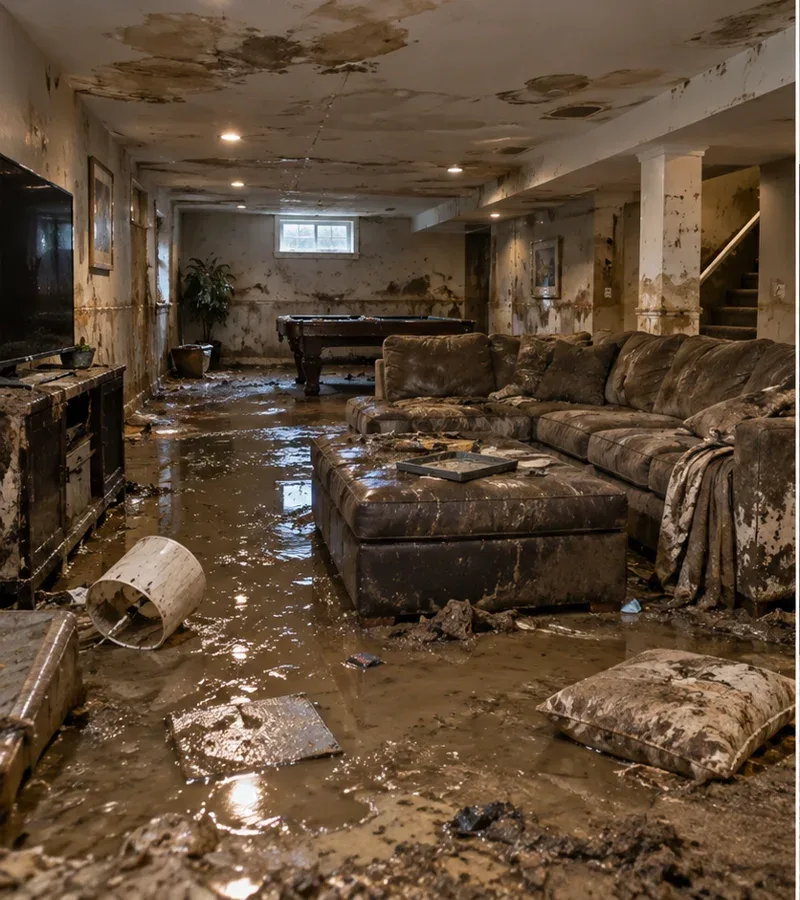 Illustrative interior affected by water damage