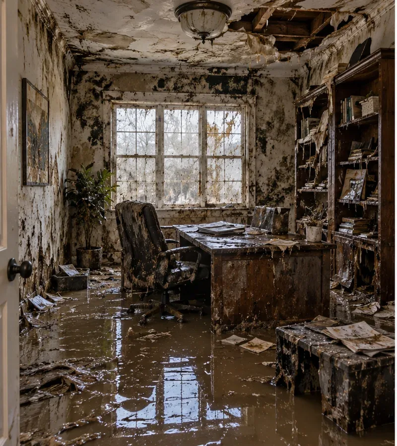 Illustrative interior affected by water damage