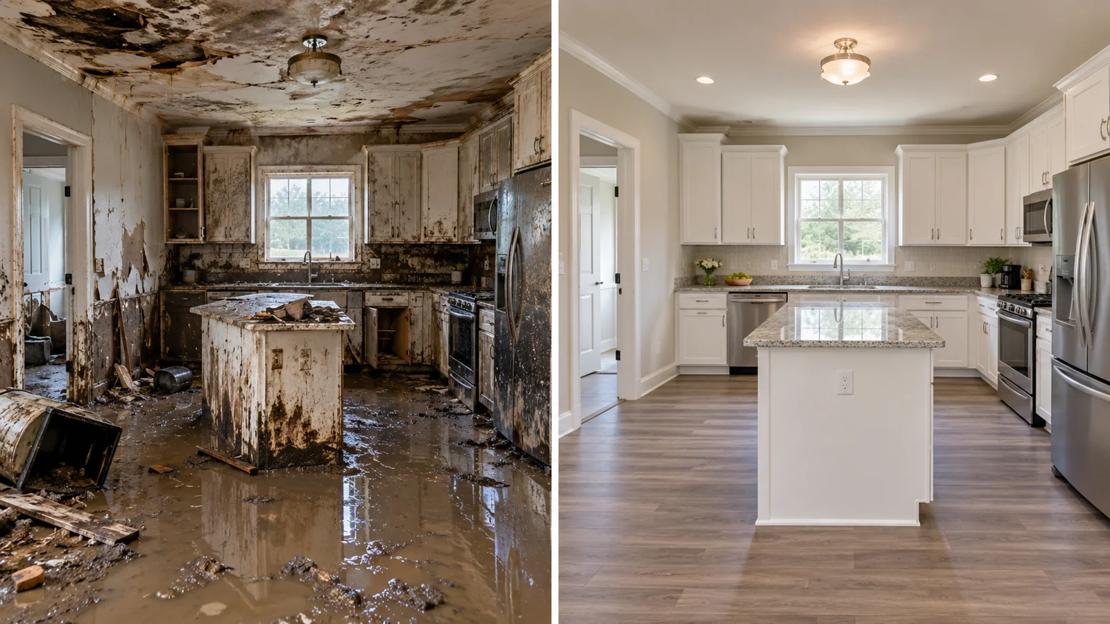Illustrative kitchen before and after flood cleanup