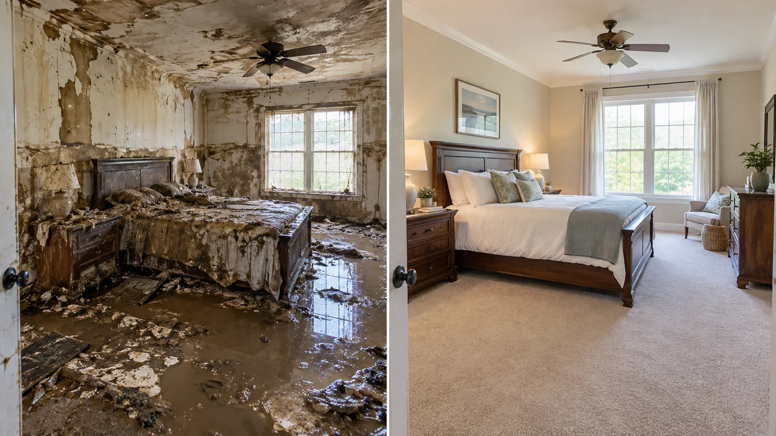 Before and after burst pipe cleanup in a Phoenix-area home