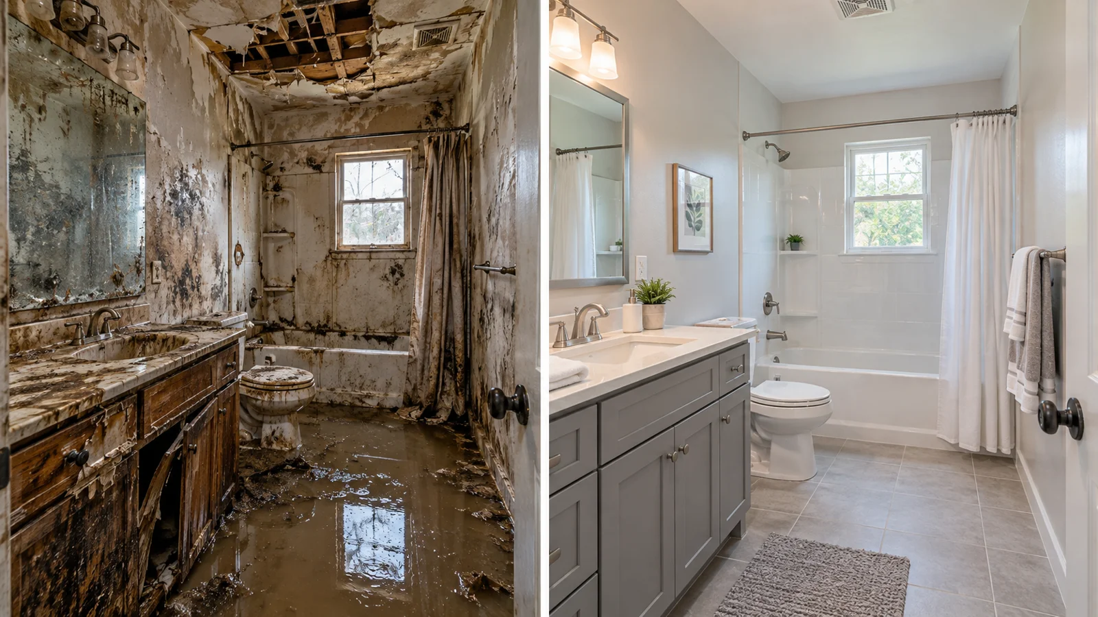 Before and after sewage backup cleanup in a Phoenix-area home