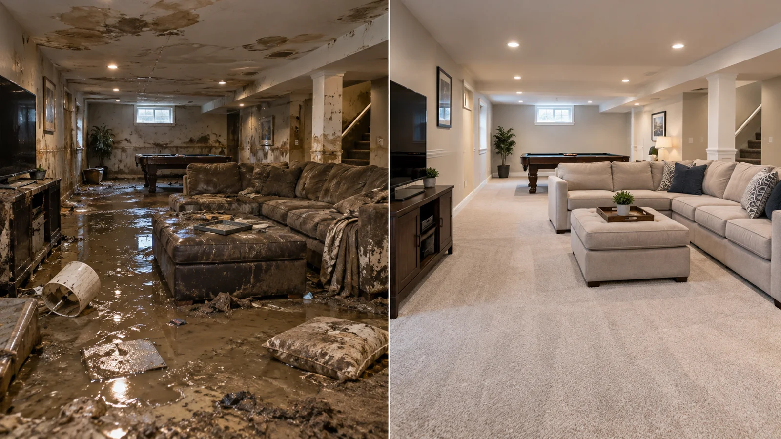 Illustrative basement & living area before and after flood cleanup
