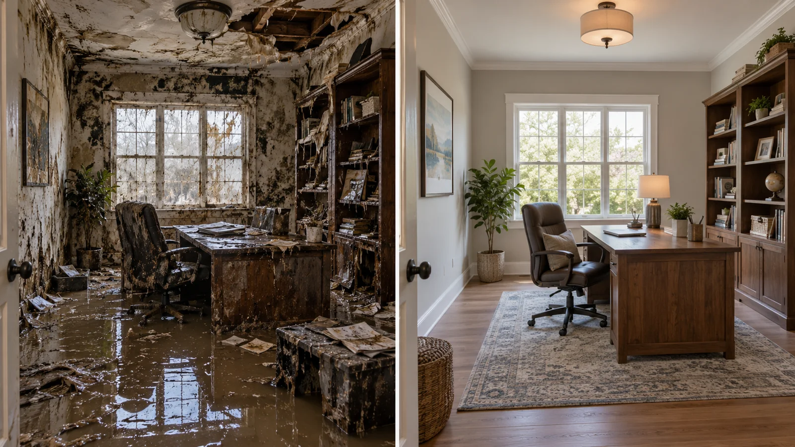 Before and after flood damage cleanup in a Phoenix-area home