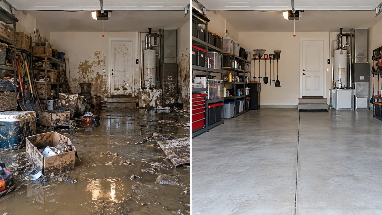 Illustrative garage before and after flood cleanup